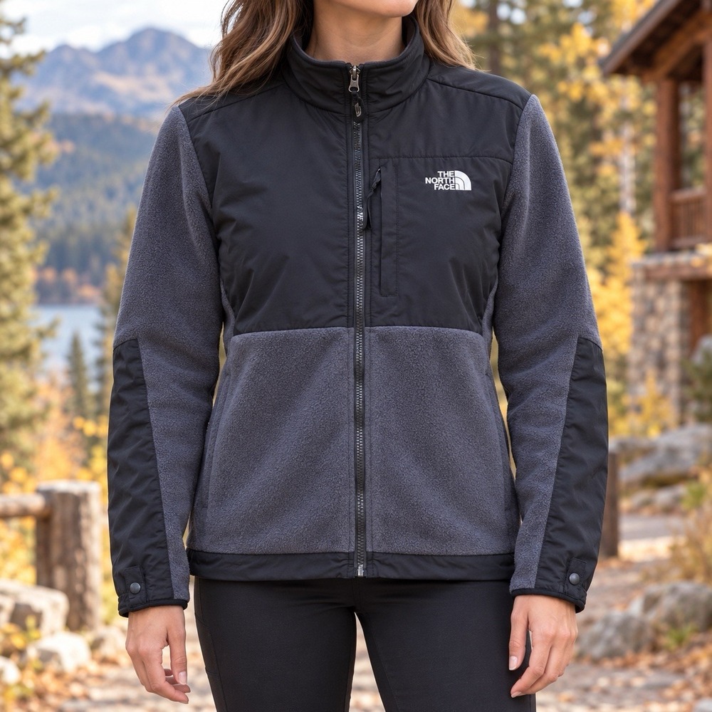 The North Face Denali Polartec Fleece Jacket Women L Gray Black Full Zip